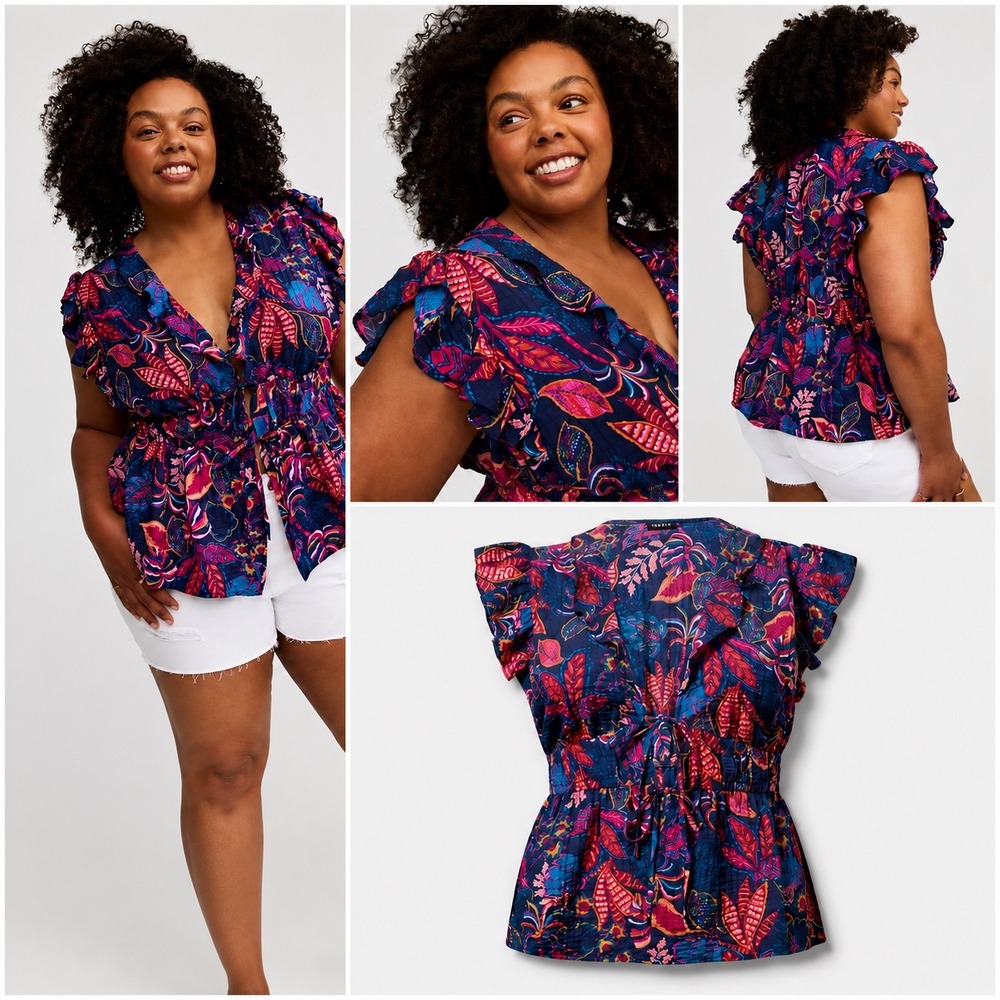Torrid Tropical Leaf Print Ruffle Peplum Top Navy‎ Pink 4X Plus Size Blouse - Picture 2 of 8